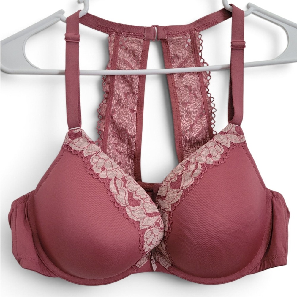 Cacique Boost Plunge Bra 44B Pink Floral Lace Racerback Underwire Plus Size